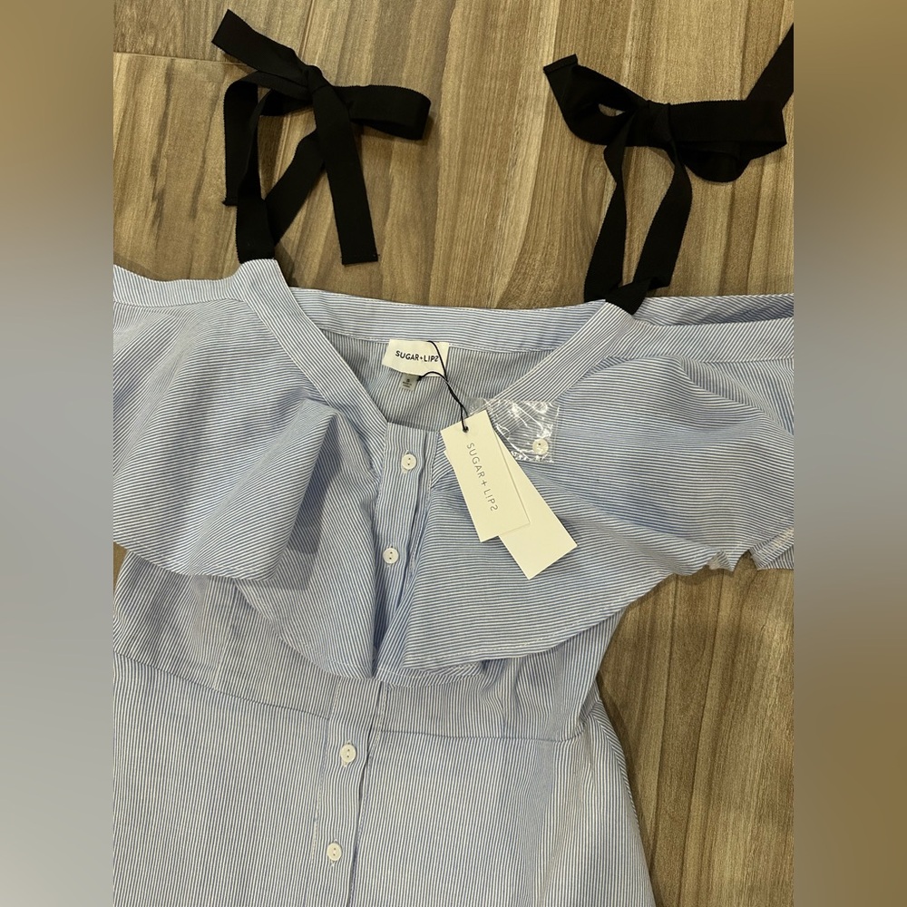 NWT Beautiful and feminine A-Line Sugar+Lips Light Blue Off-Shoulder Dress Sz S - Picture 13 of 16